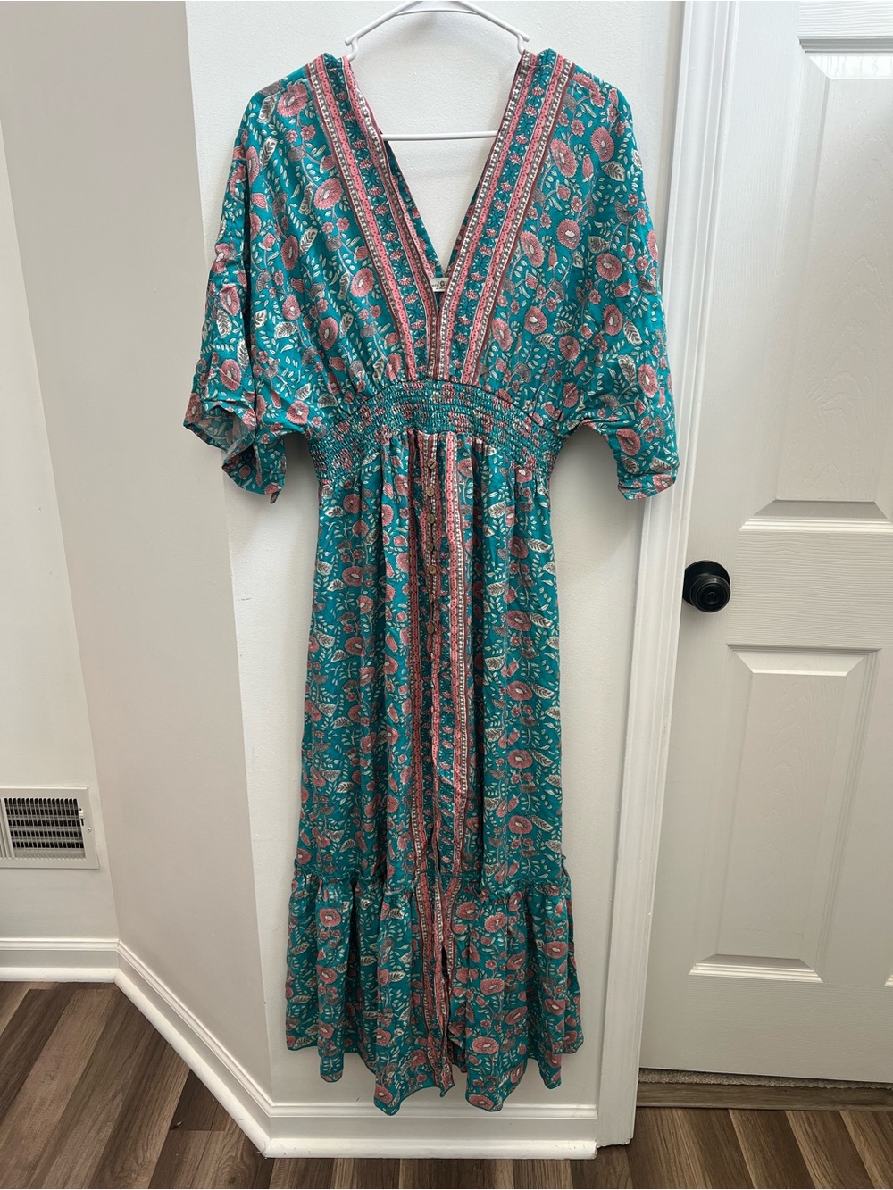 NATURAL LIFE Teal Floral V-Neck Maxi Dress with Pink Accents Womens M
